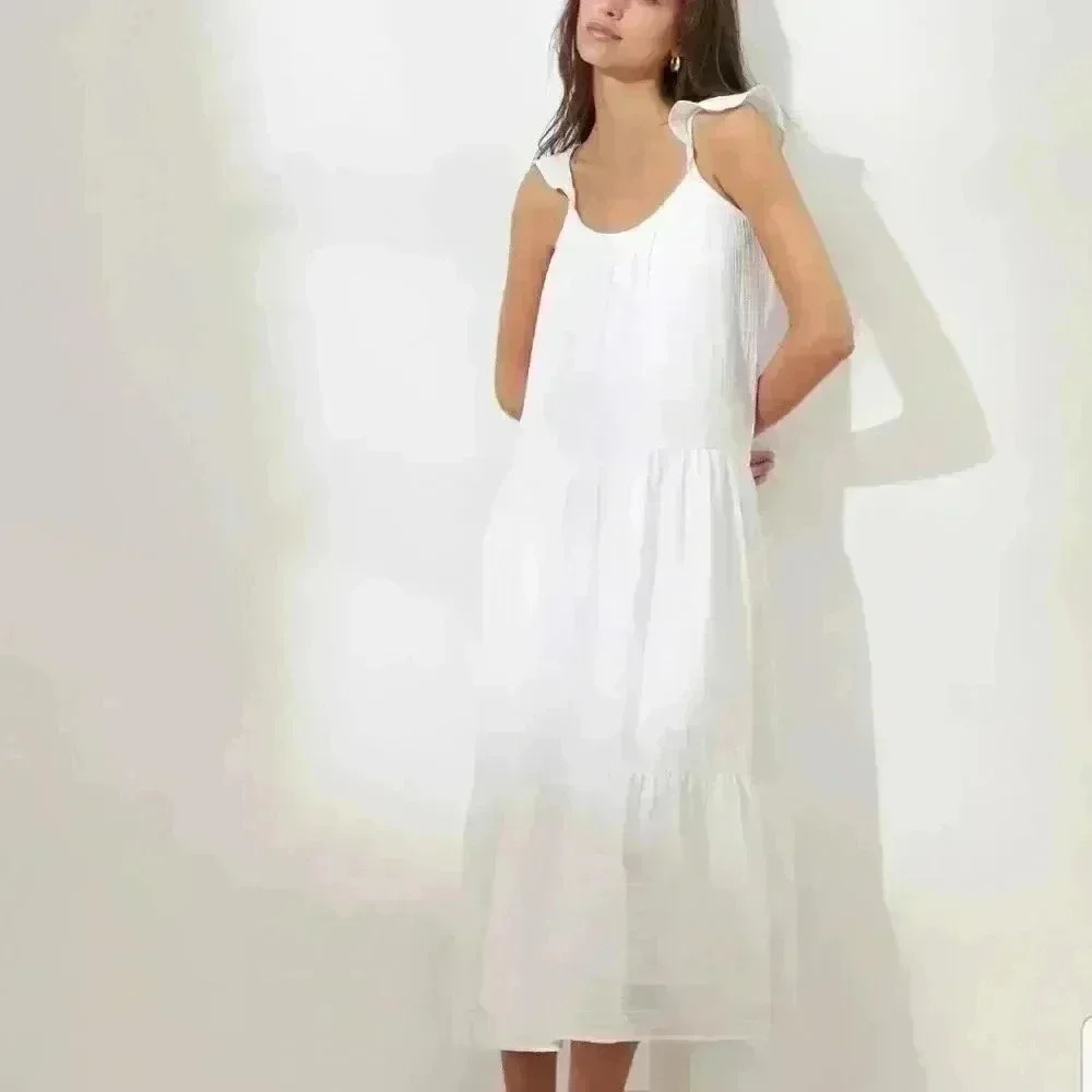 Frill-Sleeve Gauze Tiered Mid-Calf Dress